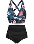 Voqeen Womens Bikini Sets High Waisted 2 Piece Swimsuit Padded Push Up Bikini Top & Bottoms Tummy Control Ruched Bathing Suits Vintage Halter Swimming Costume Beachwear Ladies Swimwear Floral Black