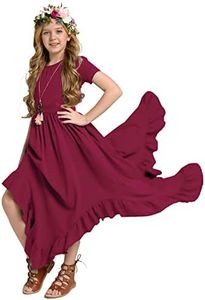 MOAGIS Girls Lace Backless Boho Maxi Swing Dress Flower Girl Dresses for Wedding Party Size 3-14, Berry, 6 Years