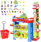 Qaba Supermarket Playset for Kids, 50 Grocery Store Toys, Pretend Play Toy with Food, Check-Out Counter, Scanner, Shelves