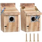 Dreyoo 2 Pack Cedar Bluebird Box Houses for Outside, 1-1/2'' Entrance Hole Wooden Bird Houses with Metal Guard, Secure Latch, Fledgling Grooves, Air Vents for Bluebird Wren Swallow Finch