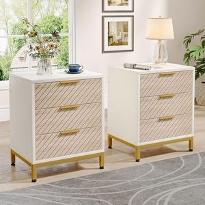 Tribesigns Night Stands Set of 2, Nightstand with 3 Drawers White and Gold Light Wood Grain Nightstands Bedside End Tables Storage for Bedrooms