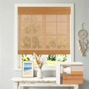 HESTIA No Drill Cordless Bamboo Roman Shades with Matching Valance, Light Filtering Natural Woven Roll Up Blinds for Living Room, Dining Room, and Sunroom, 37.5" W X 64" H