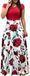 Bestgift Women's Round Neck Floral Print Casual Long Maxi Dress XL Short Sleeve Red+White