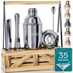 BARE BARREL® Cocktail Kit | Mixology Bartender Kit | Martini Cocktail Shaker Set | Home Bartending Bar Accessories | Farmhouse Rustic Portable Stand & 35 Recipe Cards | Gift Set (Polished Silver)