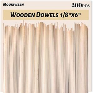 Moukiween Wooden Dowel Rods, 200PCS 1/8 x 6 Inch Round Wooden Sticks for Arts Crafts, Home Decor, Cake Support, Photo Booth Props, Unfinished Natural Hardwood Sticks