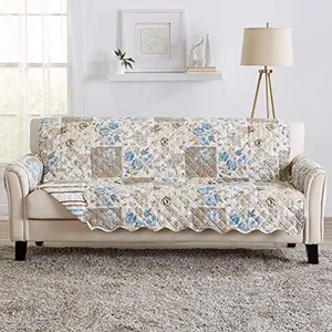 Great Bay Home Reversible Floral Patchwork Furniture Protector Scalloped Edge Stain Resistant Printed Furniture Protector Maribel Collection (Sofa, Taupe/Blue)
