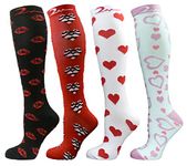 4 Pair Small/Medium Extra Soft Premium Quality Colorful Moderate/Medium Graduated Compression Socks 15-20 mmHg. Nurses, Running, Travel, Knee-High, Mens & Womens Comfort Blend. Fun Romantic Designs