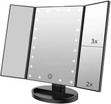 Flymiro Tri-fold Lighted Vanity Makeup Mirror with 3x/2x/1x Magnification, 21Leds Light and Touch Screen,180 Degree Free Rotation Countertop Travel Cosmetic Mirror (Black)