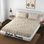 Stylish Threads Premium Heavy Cotton Flat Bedsheets with 2 King Size Pillow Covers || Double Bed 350 TC || 90 x 100 Inch King Size Flat || - Cream Flower