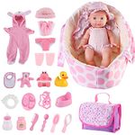 deAO 26PCS Baby Doll Set, Doll Accessories Toy Set with Carry Cot Bed Pillow, 4 Outfit Sets & Carrying Case, Pretend Play Doll Feeding Set with Doll Clothes for 3-6 Year Old Kids Girls Boys