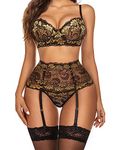 Avidlove Lace Lingerie Set for Women Garter Belt Sexy Bra and Panty Sets Boudoir Outfit Gold Yellow X-Large