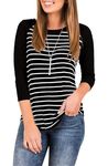 LACOZY Women Crew Neck Striped T-Shirt 3/4 Raglan Sleeve Oversized Tops Slim Fit Plain Blouse Baseball Top Black L