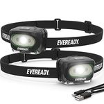 Rechargeable LED Headlamps by Eveready (2-Pack), IPX4 Water Resistant Head Lights for Running, Camping, Emergency, Outdoors (USB Cable Included),Black (2-Pack),Adjustable