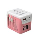 Docoss Universal Travel Adapter with Type C, Fast Charging International All-in-One Adapter,QC 3.0,W/3.1A Universal Adapter for UK, US, EU - Universal Plug Power Adapter (Pink-White)