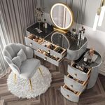 MJKCBD Dressing Table with LED Lights Mirror, Makeup Vanity Desk with Side Cabinet, 6 Drawers and Tempered Glass Desktop, Flexible Assembly,Grey Gold,80cm