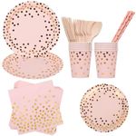 WedDecor 80pcs Paper Tableware Sets, Round Disposable Paper Straws, Plates, Cups & Napkins, Perfect for Picnics, BBQ, Birthday, Baby Shower, Wedding & Christmas Events, Midnight, Pink