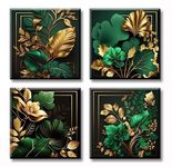 Green and Gold Wall Decor Tropical Plant Gold Leaves Pictures Canvas Prints Emerald Green Mid Century Modern Botanical floral Aesthetic Artwork for Living Room Bedroom Home Decorations 12"×12"×4