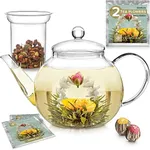 Teabloom Heatproof Borosilicate Glass Teapot (40 OZ) with Removable Loose Tea Glass Infuser – Includes 2 Blooming Teas – 2-in-1 Tea Maker