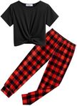 Arshiner Girls Pant Sets Black Short Sleeve Twist Front Crewneck Tops and Red Checkboard Pants Fashion Christmas Clothing Set