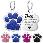 GISUREY Dog Tags Personalized for Pets - Cute Paw Glitter Dog Name Tags Personalized, Deep Laser Engraved Heavy Duty Custom Dog Tags, Up to 4 Lines of Custom Text Pet Id Tags for Dogs/Cats, Blue