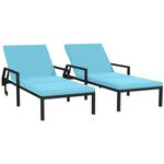 Outsunny 2 Piece Wicker Chaise Lounger PE Rattan Outdoor Lounge Chair Garden Chair Recliner with 5-Level Adjustable Backrest and 2 Wheels, Sky Blue