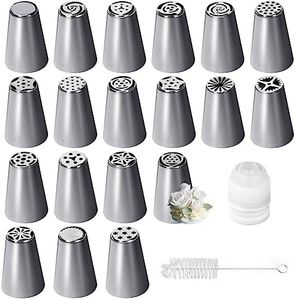 19 Pcs Russian Piping Tips Set, Grass Icing Nozzles, Cream Piping Nozzles, Stainless Steel Russian Icing Piping Nozzles Tips, Round Piping Nozzle with Coupler for Frosting Cookie Cake Cream Baking