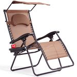 RELAX4LIFE Folding Zero Gravity Chair, Patio Oversized Sun Lounger with Adjustable Canopy, Detachable Pillow and Cup Holder, Outdoor Chaise Lounge Recliner for Poolside Garden Backyard (Coffee)