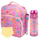 Bentology Kids Lunch Bag Set Pink & Yellow Owl- Thick Padded, Insulated Tote, Reusable Hard Ice Pack & Insulated Stainless Steel Water Bottle- Keeps Lunch Fresh Longer, Back to School Lunchbox Kits