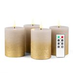 Fanna 4'' Flameless LED Pillar Candles with Timer for Wreath, Battery Operated Rustic Wax Candles with Remote for Christmas, 8 Batteries Included - Set of 4 - Sand Grey/Gold