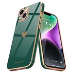 Teageo for iPhone 14 Case for Women Girl Cute Love Heart Luxury Plating Soft Bling Back Cover Raised Full Camera Protection Bumper Silicone Shockproof Phone Case for iPhone 14, Blackish Green