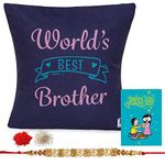 Kaameri Bazaar Rakhi Gift for Brother, worlds best brother Quote Printed Cushion with Filler, Rakhi for Brother, Roli & Greeting Card - Raksha bandhan Gift for Brother bhai men