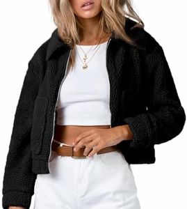 Flygo Womens Cropped Zip Up Lapel Shaggy Teddy Fleece Jacket Faux Fur Coat (Black-L)