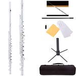 Mendini by Cecilio Silver Plated Open Hole C Flute with Italian Pads, Stand, Pocketbook and Deluxe Case, MFE-22S