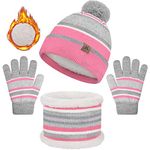 heekpek 3 Pieces Hat And Scarf Sets for kids Winter Pom Pom Hat Scarf Gloves Set for Girls Boys Warm Knitted Beanie Hats Snood Scarf and Gloves for Children, Pink, One size