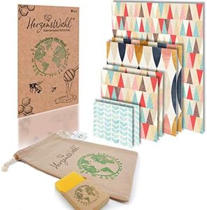 HerzensWahl® Set di 7 panni in cera d'api + sacchetto di cotone per la conservazione | 100% biodegradabili, per alimenti, in cera d'api e cotone | senza sprechi involucri per formaggio e panini