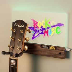Guitar Wall Mount with RGB LED Drawing Board,Diy Writable with 7-color markers,Walnut Wood&Rotating Iron Hook for Acoustic/Electric Guitar/Bass Display, Idel Gift for Musicians,with USB no Adatper