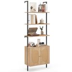 COSTWAY Ladder Bookshelf with Cabinet, 180cm Wall Mounted Bookcase with Rattan Doors and Open Shelves, Metal Frame Wooden Display Storage Shelving Unit Wall Shelf Rack for Living Room Bedroom Office