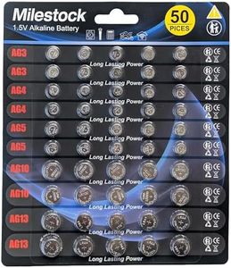 Milestock 50-pcs 1.5V Super Alkaline Button Cell Battery Assortment AG3 LR41, AG4 LR626, AG5 LR754, AG10 LR1130, AG13 LR44 High Power Coin Batteries for Watches, Calculators, Toys, and Electronics