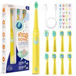 Seago Kids Electric Toothbrush 3 5 6 8 9 10 12, Childrens Rechargeable Battery Toothbrushes with Funny DIY Stickers, 2 Mins Timer, 8 Replacement Brush Heads, for Boys Girls Teenagers, SG2303(Yellow)