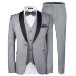 MAGE MALE Men's Slim Fit 3 Piece Suit One Button Solid Shawl Lapel Blazer Jacket Vest Pants Set with Tie Pocket Square Light Steel