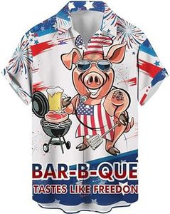 Mens 4th of July Shirt 50s Vintage Shirts 60s American Flag Mr Pig Cooker Chest Pocket Short Sleeve Casual Shirt White L