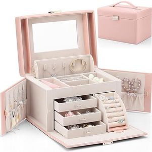 Vlando Jewellery Box Organiser, Faux Leather Jewellery Storage Case with Mirror, Storage for Earring Rings Necklace Large Jewellery Box for Home Storage & Organisation,Christmas Birthday Gift - Pink