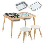 Costzon Sensory Table and Chairs, Wooden Kids Activity Table Set w/Double-Sided Boards & 2 Foldable Storage Bins, All-in-One Toddler Furniture for Drawing, Sand & Water Play (3 PCS,Natural & White)