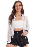 LLL FASHION Women's Summer Zip Up Light Weight Long Sleeve Mesh Bomber Jacket(Striped White,S)