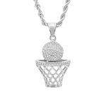 Steeltime Ion Plated Stainless Steel Basketball Hoop Pendant with Simulated Diamonds, 24" Chain, Stainless Steel, simulated diamonds