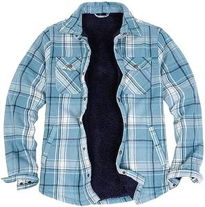 ZENTHACE Plaid Jackets for Men Warm Sherpa Lined Flannel Shirt Jacket Flannel Shirts Long Sleeved Shacket Coat Sky Blue XXL
