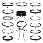 Choker Necklace Set 15Pcs Black Choker Necklace Set, Tattoo Choker Necklace, Elegant Choker Necklace for Women Ladies Teens Girls (Black)