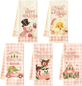 Luiqs Vens 5Pcs Pink Christmas Kitchen Dish Towel Set, Retro Pink Absorbent Dish Tea Towels Quick Dry Cloth, Cute Santa Elk Hand Towel Bar Hand Dishcloths Decorative Bath Towel for Women Friends