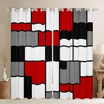 Gray Black Red White Square Window Curtains Teens Adult Women,Geometric Grid Curtains for Bedroom,Fashion Color Draperies for Living Room,Modern Abstract Window Treatment Curtains Set of 2 Panels