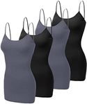 Creative Mimesis Long Camisole Tank Tops for Women - Undershirts Cami with Adjustable Spaghetti Strap 4 Pack (S-3XL), Black/Black/Charcoal/Charcoal, Medium